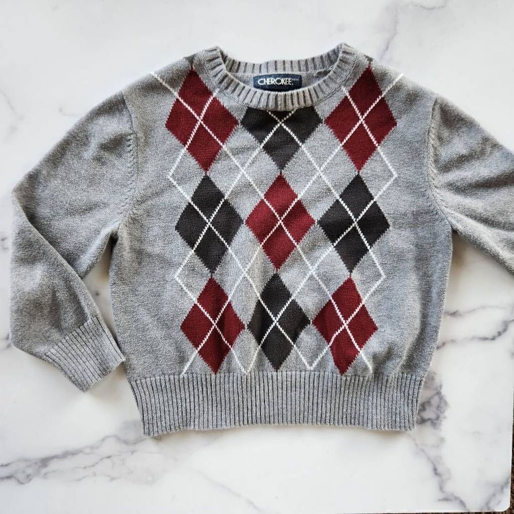Boys xs gray argyle sweater preppy pullover Cherokee crew neck